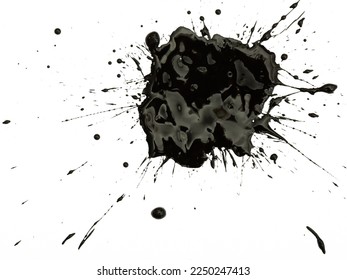 Closeup of shapeless black ink blot on white background..