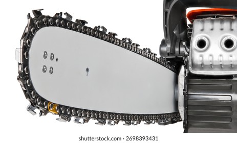 Closeup of sharp cutting teeth on chainsaw guide bar isolated on white background. Replaceable chain on gray alloy steel blade and combustion engine exhaust in sawing machine detail. Woodworking tool. - Powered by Shutterstock - Get 15% off with code: PIKWIZARD15