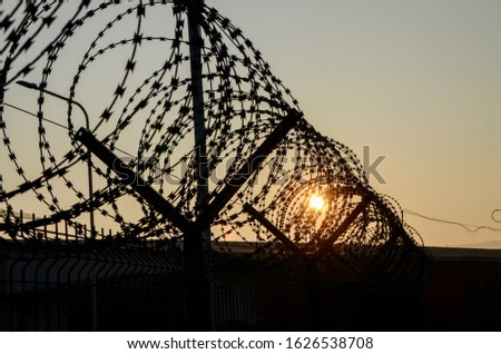 Close-up of sharp razor wire fence at sunset. Barbed tape. Rusty metal barbered wire on jail. Concept of prison, immigration, detention, boundary or war. Prison barber wire near jail or camp.