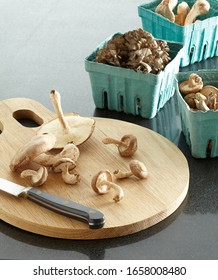 Closeup Of  Shiitake Mushrooms On A Round Wooden Cutting Board On A Dark Grey Countertop  With Maitake Mushrooms In The Background.