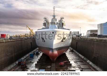 Close-up of a ship under construction in a shipyard in Saint Nazaire, France