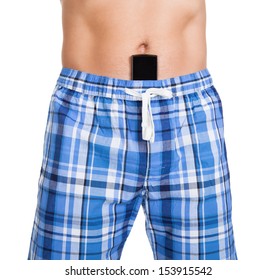 Close-up Of Shirtless Man With Cell Phone In Underwear