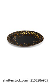 Close-up Shoot Of A Black And Gold Disposable Paper Plate. This Black Paper Plate Feature Gold Dots. The Black And Gold Disposable Paper Plate Is Isolated On A White Background. Top View.