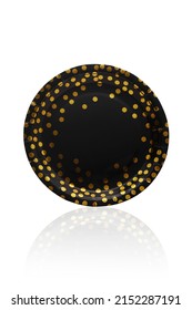 Close-up Shoot Of A Black And Gold Disposable Paper Plate. This Black Paper Plate Feature Gold Dots. The Black And Gold Disposable Paper Plate Is Isolated On A White Background. Front View.