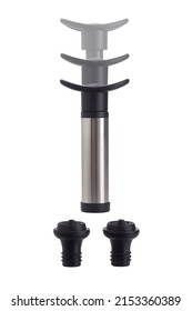 Close-up Shoot Of A Black And Gray Wine Vacuum Pump And Two Black Vacuum Bottle Stoppers. The Pump And The Bottle Stopper Are Isolated On A White Background. Front View.