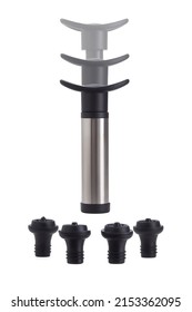 Close-up Shoot Of Black And Gray Wine Bottles Vacuum Pump And Four Black Vacuum Bottle Stoppers. The Pump And The Bottle Stopper Are Isolated On A White Background. Front View.