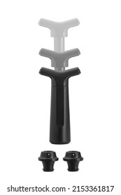 Close-up Shoot Of A Black Wine Bottles Vacuum Pump And Two Black Vacuum Bottle Stoppers. The Pump And The Bottle Stopper Are Isolated On A White Background. Front View.