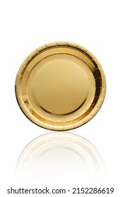 Close-up Shoot Of A Foil Gold Disposable Paper Party Plate. This Paper Plate Feature A Trendy Metallic Finish. The Gold Disposable Paper Plate Is Isolated On A White Background. Front View.