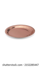 Close-up Shoot Of A Foil Rose Gold Disposable Paper Party Plate. This Paper Plate Feature A Trendy Metallic Finish. The Rose Gold Disposable Paper Plate Is Isolated On A White Background. Top View.