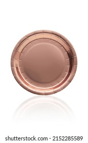 Close-up Shoot Of A Foil Rose Gold Disposable Paper Party Plate. This Paper Plate Feature A Trendy Metallic Finish. The Rose Gold Disposable Paper Plate Is Isolated On A White Background. Front View.