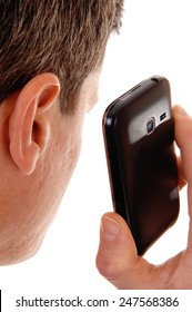 A Closeup Shoot Of A Man From The Back Holding His Cell Phone On His Ear, Isolated For White Background. 