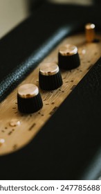 Close-up shot of an amplifier's control knobs, featuring a sleek black and gold design with textured detailing.