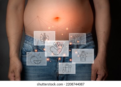 Closeup Shot Of Asian Man Stomach With Jean Trousers Related Vector Icon Graphic Red Light, Planning Exercise And Loss Weight For Good Health In The Feature, Healthcare And Gym Concept Copy Space