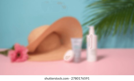 A close-up shot of beach essentials, including a sun hat, sunscreen, and a tropical flower, arranged on a pink surface with a blue background.