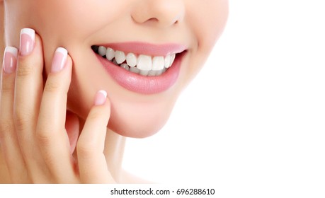 Closeup Shot Of Beautiful Female Smile, White Background.
