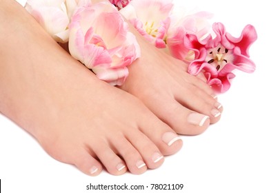 Close-up Shot Of Beautiful Woman Feet With French Pedicure And Pink Flowers Around