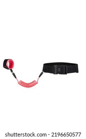 Close-up Shot Of A Black And Pink Waist And Arm Kids Safety Harness. The Safety Harness For A Child Is Isolated On A White Background. Front View.