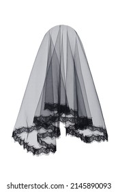 Close-up shot of a black veil. The bridal veil is with a lace applique. The wedding bridal veil is isolated on a white background. Front view.