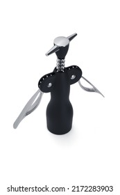 Close-up Shot Of A Black Winged Corkscrew. This Butterfly Corkscrew Has 2 Wings (levers). The Winged Corkscrew Is Isolated On A White Background. Top View.