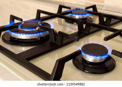 Closeup shot of blue fire from domestic kitchen stove top. Gas cooker with burning flames of propane gas. Industrial resources and economy concept. - Shutterstock ID 1139549882