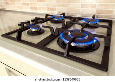 Closeup shot of blue fire from domestic kitchen stove top. Gas cooker with burning flames of propane gas. Industrial resources and economy concept. - Shutterstock ID 1139549885