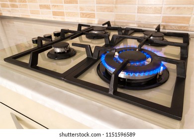 Closeup shot of blue fire from domestic kitchen stove top. Gas cooker with burning flames of propane gas. Industrial resources and economy concept. - Shutterstock ID 1151596589