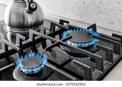 Closeup shot of blue fire from domestic kitchen stove top. Gas cooker with burning flames of propane gas. Silver pot kettle. induction stove