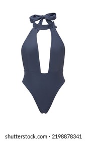 Close-up shot of a blue one piece swimsuit with a deep cleavage and neck ties. The open back one piece swimsuit is isolated on a white background. Front view.