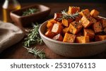 A close-up shot of a bowl of roasted sweet potato cubes seasoned with rosemary and olive oil. The sweet potatoes are golden brown and caramelized, making them a delicious and healthy side dish