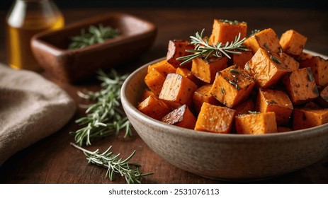 A close-up shot of a bowl of roasted sweet potato cubes seasoned with rosemary and olive oil. The sweet potatoes are golden brown and caramelized, making them a delicious and healthy side dish - Powered by Shutterstock