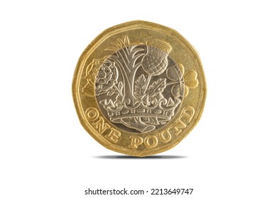 A close-up shot of the British one pound coin over a white background.