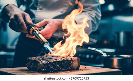A close-up shot captures a chef using a handheld butane torch to apply intense, bright flame directly onto a thick, seasoned piece of raw steak resting on a wooden cutting board in a professional kitc