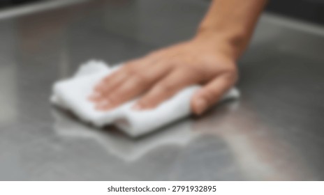A close-up shot captures a hand using a white cloth to wipe down a stainless steel surface, emphasizing cleanliness and hygiene.