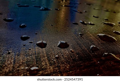 A close-up shot capturing water droplets scattered across a dark, textured surface.The image emphasizes the glossy,reflective nature of the droplets of a soft background with a gradient deep colors. - Powered by Shutterstock