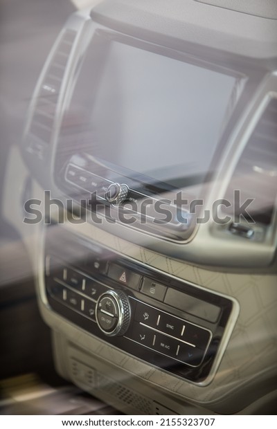 Close-up shot of a car\'s multimedia and\
navigation display on the\
dashboard.