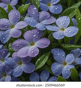 A close-up shot of a cluster of periwinkle flowers, their petals adorned with tiny droplets of morning dew. The soft lavender-blue color of the petals contrasts with the freshness of the dew. - Powered by Shutterstock