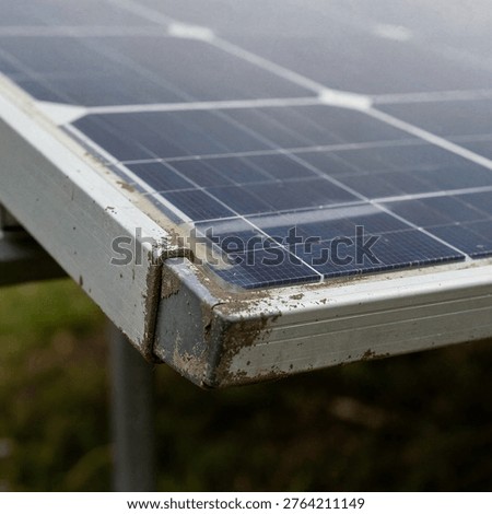 Close-up shot of the corner of a solar panel showing accumulated dirt and grime on the glass surface and metal frame.