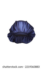 Close-up shot of a dark blue sleep cap with a wide elastic band. A satin hair bonnet for protecting hair at night is isolated on a white background. Front view.