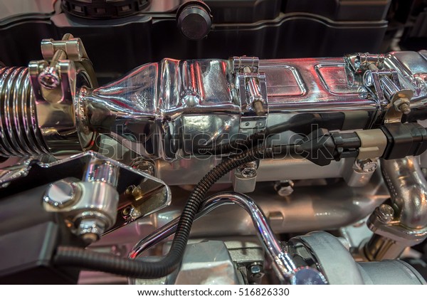 Close-up shot of diesel truck\
engine