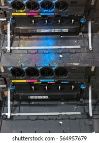 Close-up Shot Of A Dirty Laser Copier Machine Before And After Cleaning CMYK Toner Cartridges