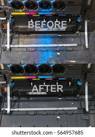 Close-up Shot Of A Dirty Laser Copier Machine Before And After Cleaning CMYK Toner Cartridges