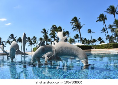 A Closeup Shot Of Dolphin Sculptures In The Water At A Luxury Resort In Maui, Hawaii