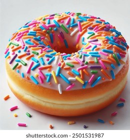 A close-up shot of a donut topped with vibrant, colorful sprinkles, isolated on a pure white background. The sprinkles add a playful and fun touch to the donut, making it look delicious and delightful - Powered by Shutterstock