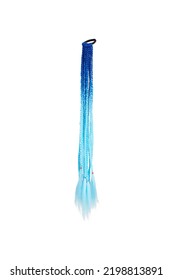 Close-up Shot Of An Elastic Hair Band With Afro Braids Of Blue And Light Blue Ombre Color. The Braided Ponytail Is Isolated On A White Background. Side View.