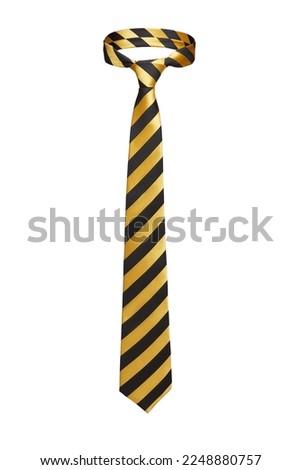 Close-up shot of an elegant black and yellow striped tie. The classic bias stripe necktie is isolated on a white background. Front view.