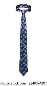 Close-up shot of an elegant blue and white tie embossed with a floral paisley pattern. The paisley blue and white tie is isolated on a white background. Front view.