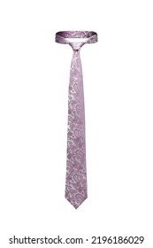 Close-up shot of an elegant purple and white tie embossed with a floral paisley pattern. The paisley purple and white tie is isolated on a white background. Front view.