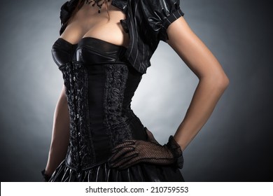 Close-up Shot Of An Elegant Woman In Victorian Style Corset, Studio Shot 