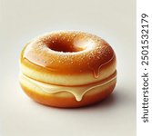 A close-up shot of a filled donut with a golden-brown exterior, isolated on a pure white background. The rich, creamy filling slightly oozes out, highlighting the donut’s indulgent and fresh appeal.