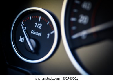 Close-up shot of a fuel gauge in a car.